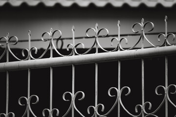 A black and white photo of a wrought iron fence with a lot of detail. The fence is ornate and has a lot of detail, giving it a sense of elegance and sophistication