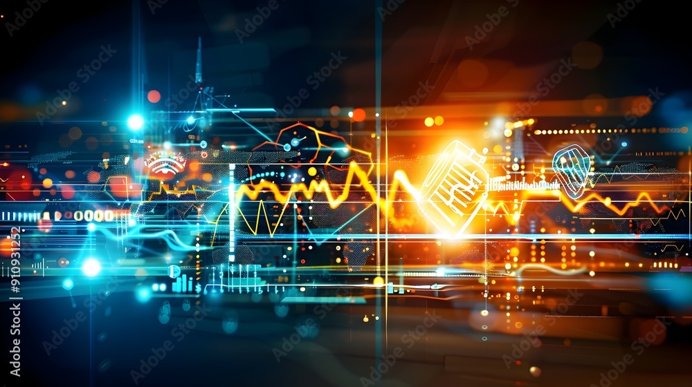 Poster abstract technology background with data and financial icon.
