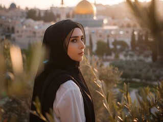 Palestinian Woman in Traditional Hijab Looking Towards a Peaceful Future, Al Aqsa Mosque Background