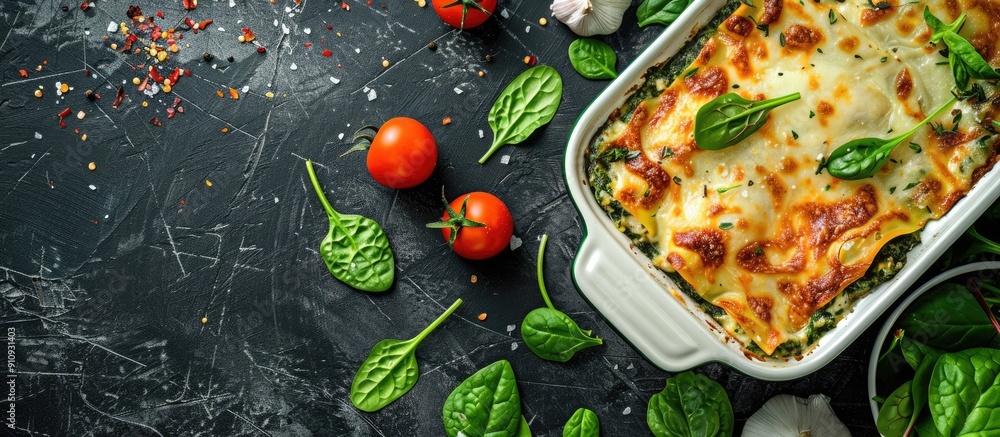 Poster background includes a fresh spinach salad and casserole alongside a homemade oven baked green lasagn