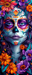 A woman's face is painted with flowers and skulls. The flowers are purple and orange, and the skull is black. The painting has a colorful and vibrant feel to it, with the flowers