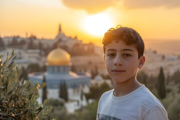 A kid in despair with Al Aqsa Mosque