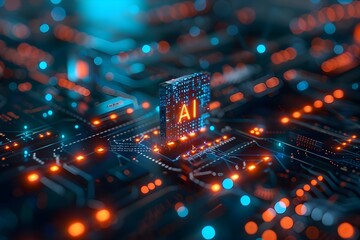 Artificial Intelligence concept background, AI Chip processing data, Artificial intelligence processor on board, Data Processing Chip, Ai Concept