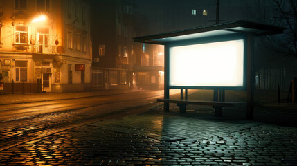 Fototapeta premium A photographic style of an illuminated advertising board at a bus stop, night-time city setting, blank white board glowing