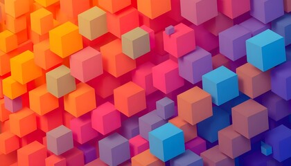 A stylish abstract background with a cascade of overlapping cubic shapes in a spectrum of bright colors, giving a sense of depth and movement