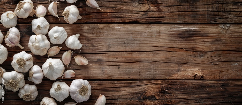 Leinwandbilder top view of garlic displayed on a rustic wooden background with ample copy space image