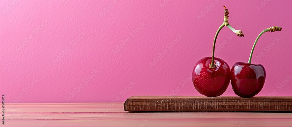Poster a fresh cherry sits on a wooden board against a pink backdrop symbolizing summer sweetness there is 