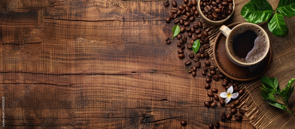 Poster side view of a coffee cup and beans on a wooden backdrop with copy space image