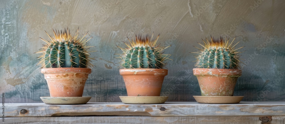 Aufkleber Three Echinocereus rigidissimus cacti are displayed in a pot on a shelf against a plain background in the copy space image