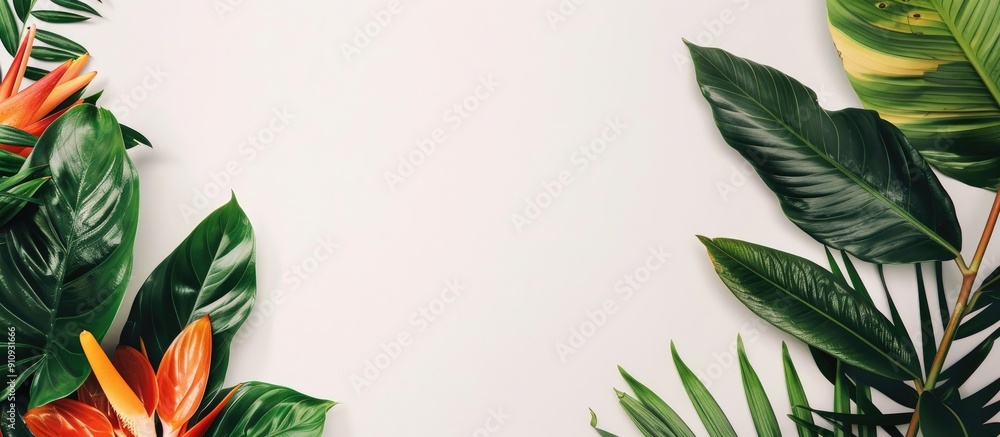 Poster minimal summer arrangement featuring colorful tropical leaves on a white backdrop enhancing an exoti