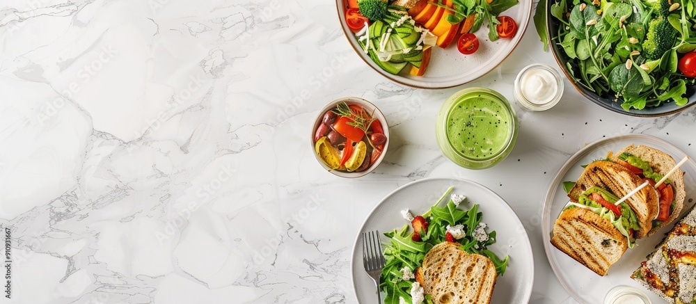 Poster top view of a vegetarian dinner setting with a variety of items like vegetable salad sandwiches and 