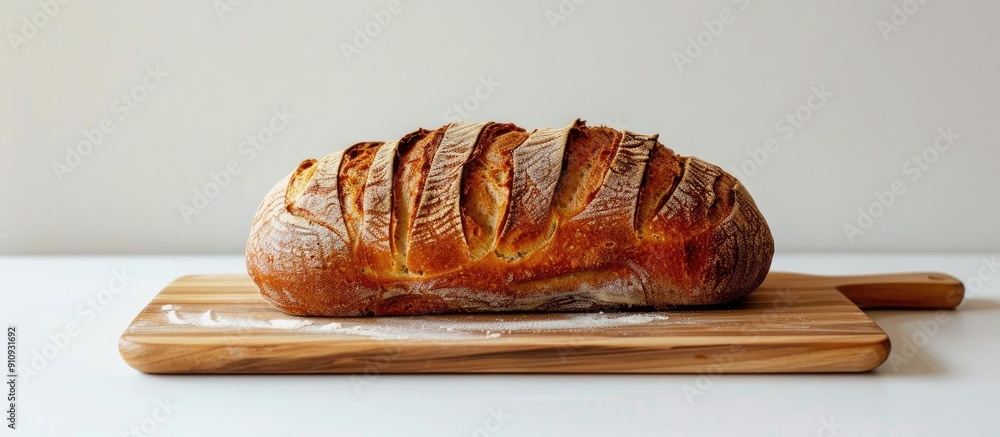 Poster A loaf of bread displayed on a cutting board with a plain white background suitable for a copy space image