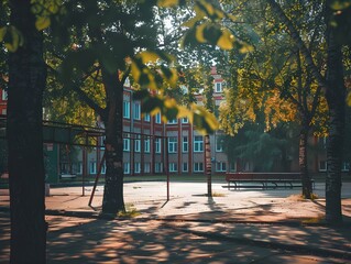 Peaceful School Campus in Early Morning Light, Back to School Atmosphere background