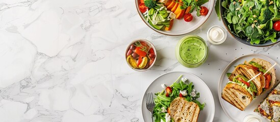 Top view of a vegetarian dinner setting with a variety of items like vegetable salad sandwiches and a green smoothie promoting healthy eating and detox plans featuring a copy space image