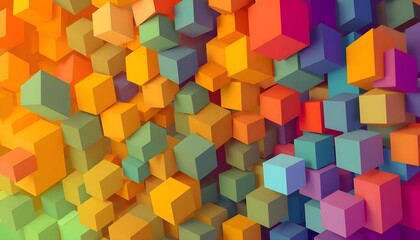 Obraz premium A stylish abstract background with a cascade of overlapping cubic shapes in a spectrum of bright colors, giving a sense of depth and movement