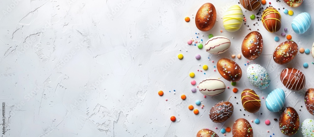 Poster a festive easter theme featuring colorful chocolate eggs with sugary dragees on a white backdrop wit