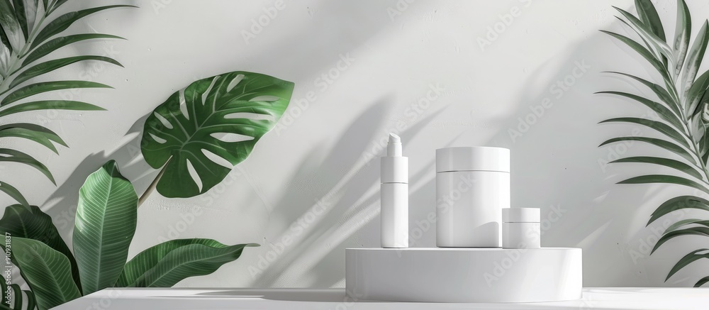 Leinwandbilder trendy ad design featuring cosmetic products displayed on a white podium mockup with natural green l