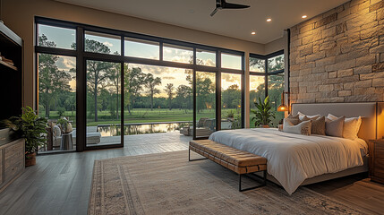 Beautiful luxury bedroom with large windows and a view of the Texas landscape at sunset. The master...