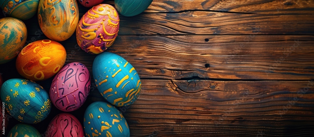 Poster easter eggs in a variety of bright colors displayed on a wooden background with copy space image