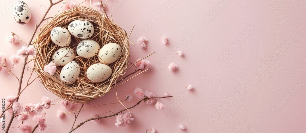 Poster Easter greeting card with white basket of quail eggs and dry grass branch on pink background featuring copy space image for a religious themed pastel colored spring design