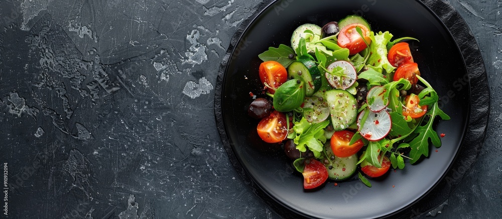 Aufkleber greek salad served on a black plate with ample copy space image for presentation