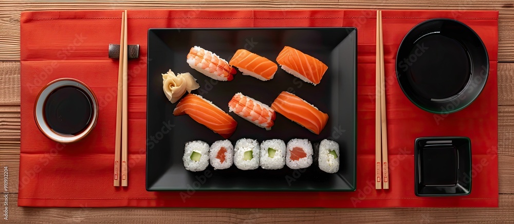 Poster Top down view of a sushi set laid on a red napkin with a black plate chopsticks and soy sauce offering ample copy space for your designs