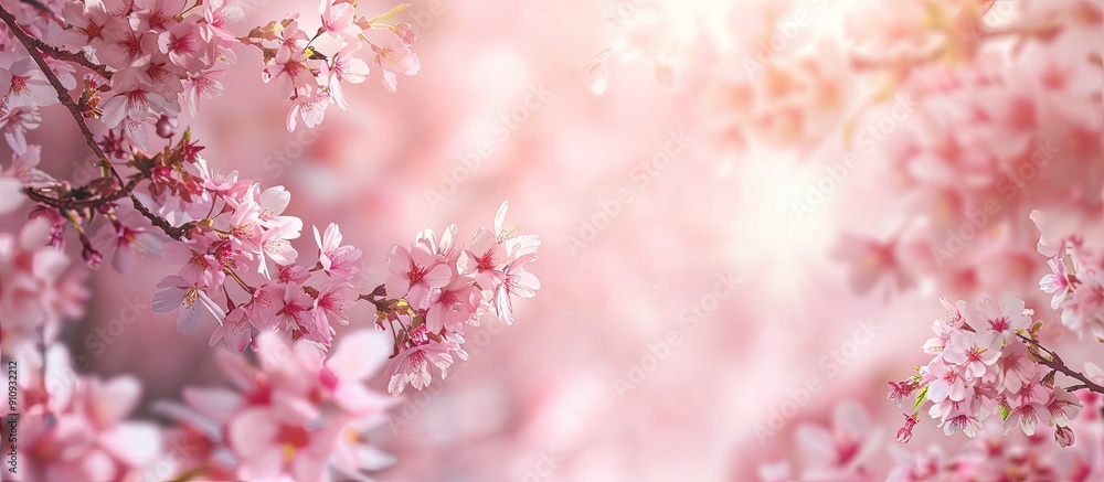 Aufkleber Spring cherry blossoms tree with an empty paper for text on a soft pink backdrop in a copy space image