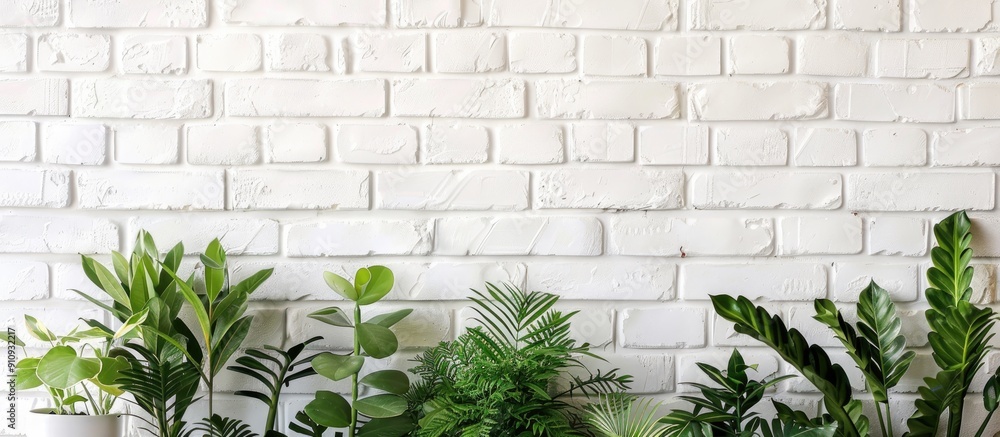 Leinwandbilder Plants placed in front of a white brick wall create a serene backdrop for text with ample copy space image