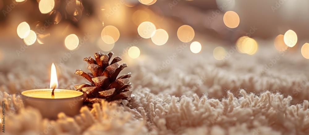 Leinwandbilder Holiday decorations with a shiny pine cone and a candle on a fluffy carpet against a backdrop of bokeh lights creating a warm festive atmosphere with room for a copy space image