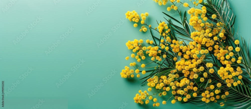 Aufkleber floral arrangement featuring mimosa flowers on a green backdrop for text in a flat lay copy space im