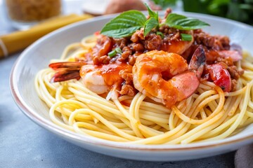Home made Spaghetti with Tomato Sauce and minced pork with shrimp in a white plate on gray cement background