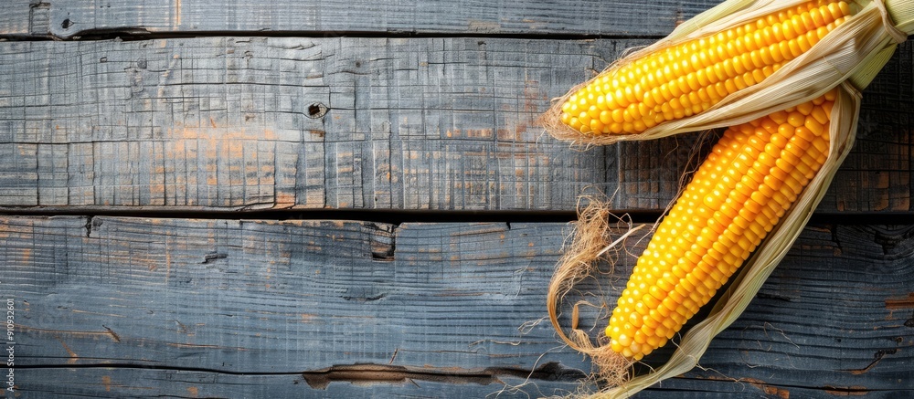 Aufkleber Top view of a fresh sweet corn cob in its natural husk on a wooden surface with empty space for adding images. Creative banner. Copyspace image