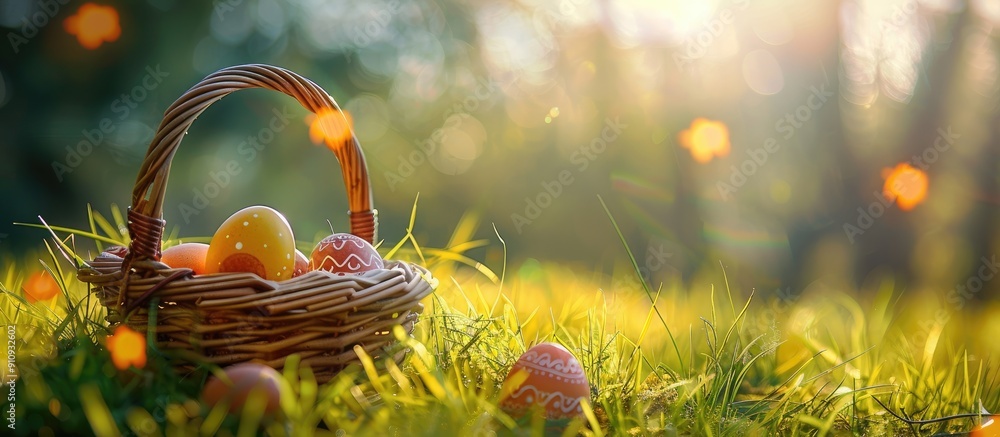 Poster sunny day setting with a basket of easter eggs on green grass perfect for a themed copy space image