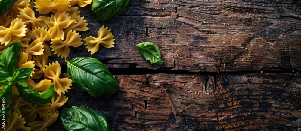 Poster a pleasing top view of farfalle and fresh basil leaves on a wooden table with copy space for text