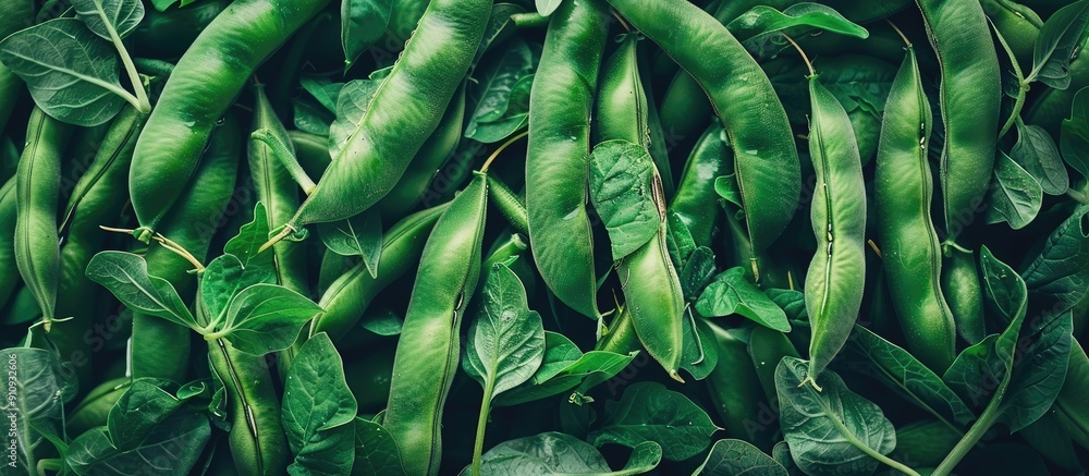 Poster fresh organic beans arranged in pods captured in a top down photo showcasing a concept of garden fre
