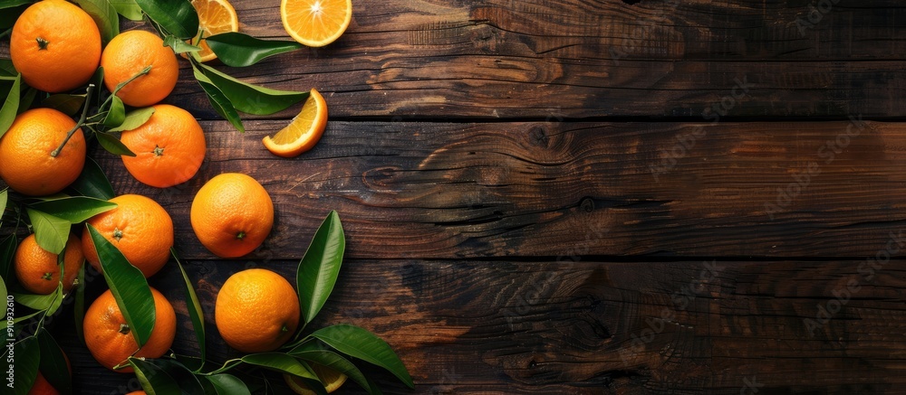 Poster a wooden table displaying fresh sicilian oranges and leaves in a flat lay composition with room for 