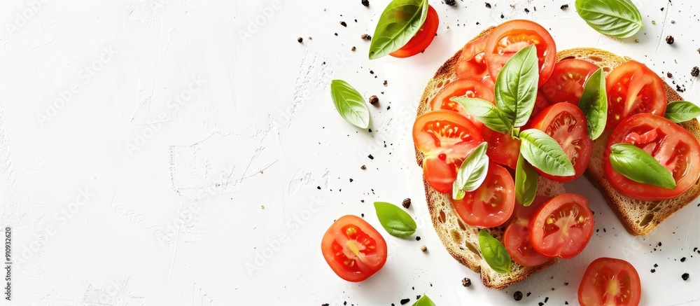 Poster toast topped with juicy tomatoes and aromatic oregano a delightful snack with a copy space image