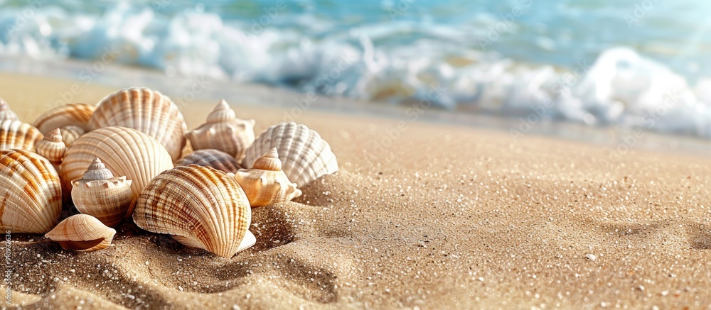 Poster sand with sea shells on a beach with available copy space image