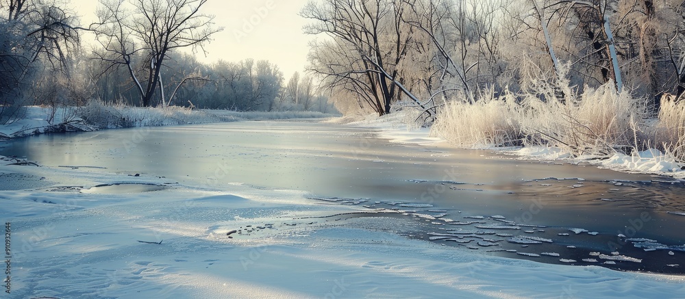Poster frozen river with ice covering creating a serene copy space image