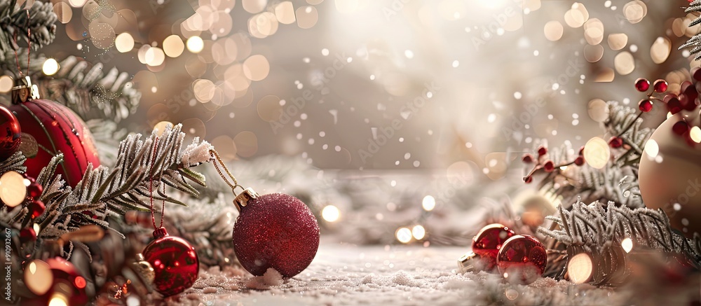 Fototapete Soft focus enhances the festive ambiance of a Christmas themed setting adorned with branches and toys creating an ideal copy space image