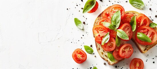 Toast topped with juicy tomatoes and aromatic oregano a delightful snack with a copy space image