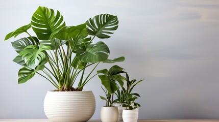 Obraz premium Monstera potted plants against different colored walls.