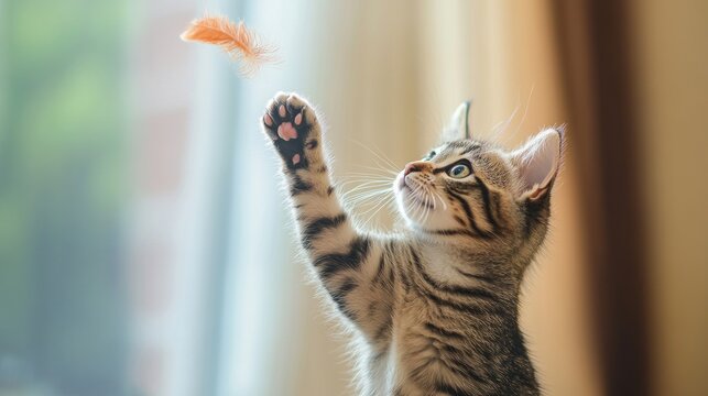 A playful tabby cat reaching up to catch a feather toy suspended above. The cat's intense focus and lively posture are captured mid-action, conveying its playful nature. The background is blurred to