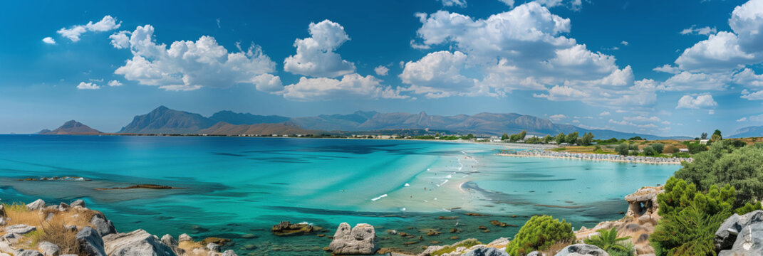 Aerial View of Tigaki Beach with Turquoise Waters and Mountain Backdrop, Kos Island, Greece