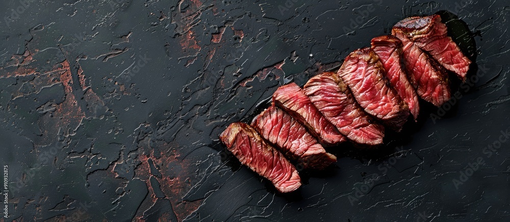 Aufkleber Top view of a neatly sliced Top Blade steak from black Angus cattle on a dark backdrop with room for text or other elements in the image. Creative banner. Copyspace image