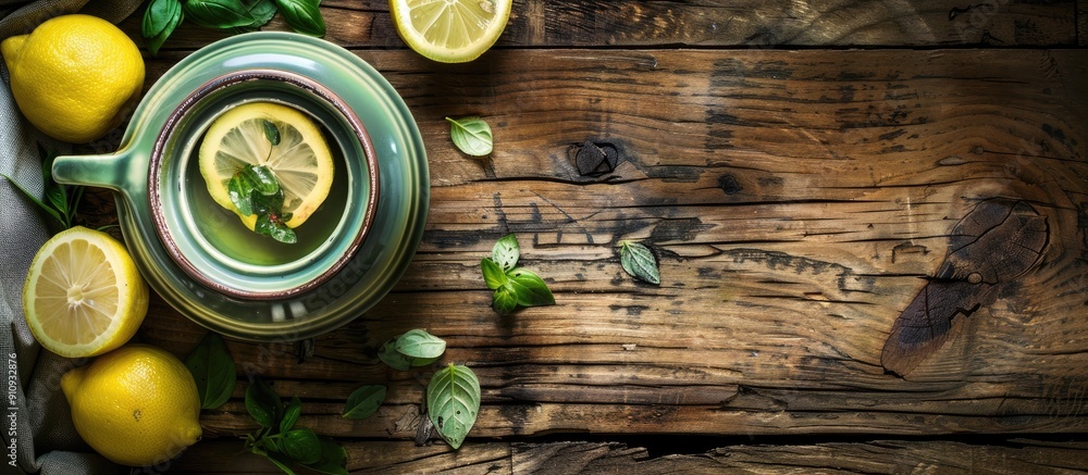 Poster Healthy drink comprising green tea and lemon in a teapot placed on a rustic wooden table with copy space image