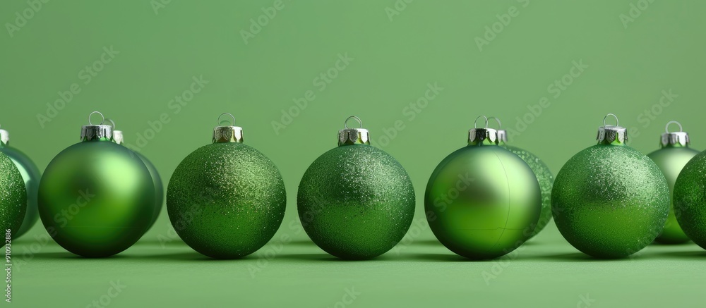 Fototapete rows of bright green christmas baubles neatly arranged on a green paper background creating a festiv