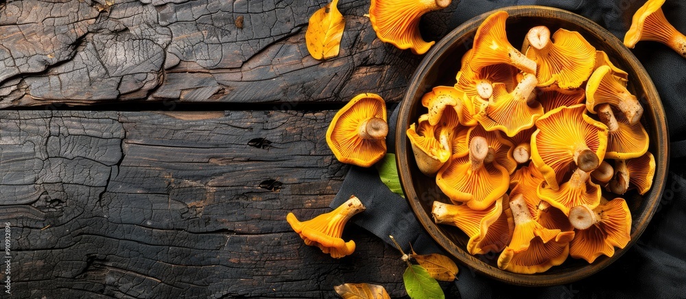 Sticker fresh chanterelle mushrooms make a delicious snack on the rustic table with a copy space image backg