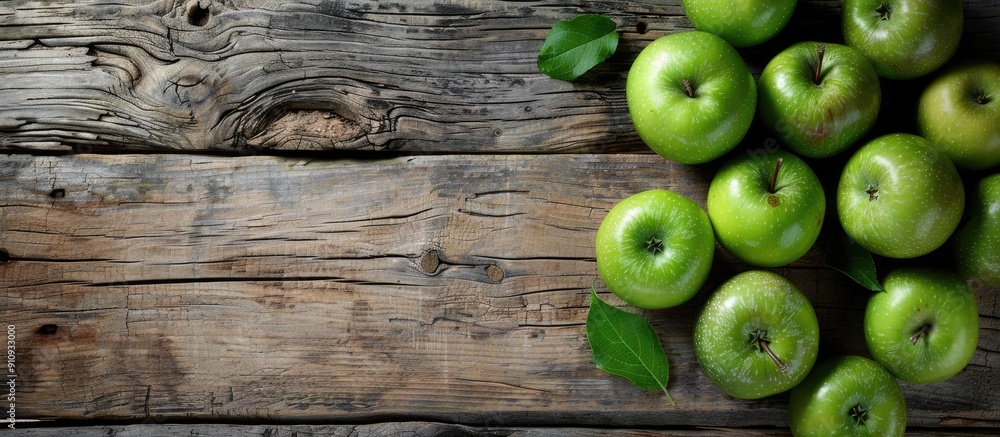 Aufkleber fresh green apples displayed on a rustic wooden surface with ample copy space image