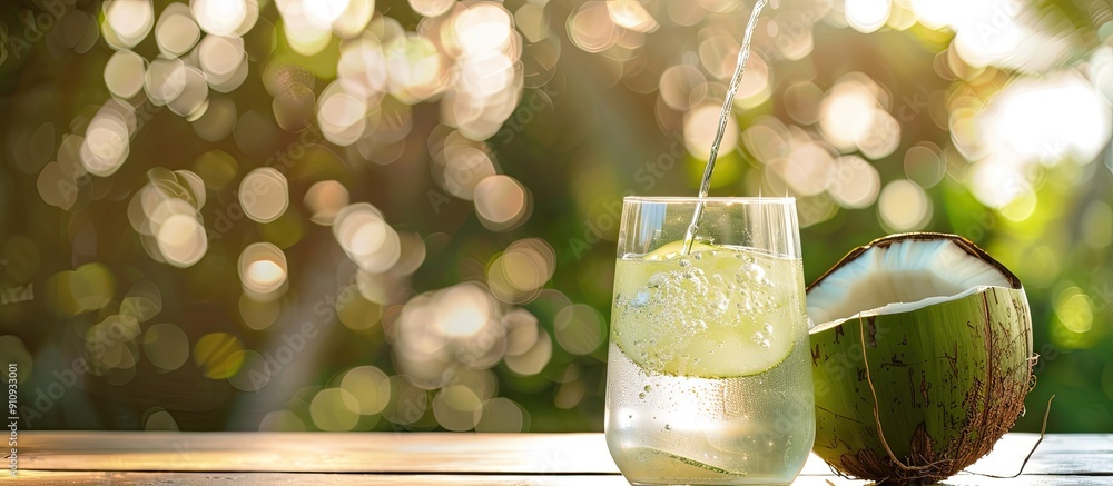 Poster fresh coconut water in a glass poured from a coconut fruit placed on a wooden surface with a water b